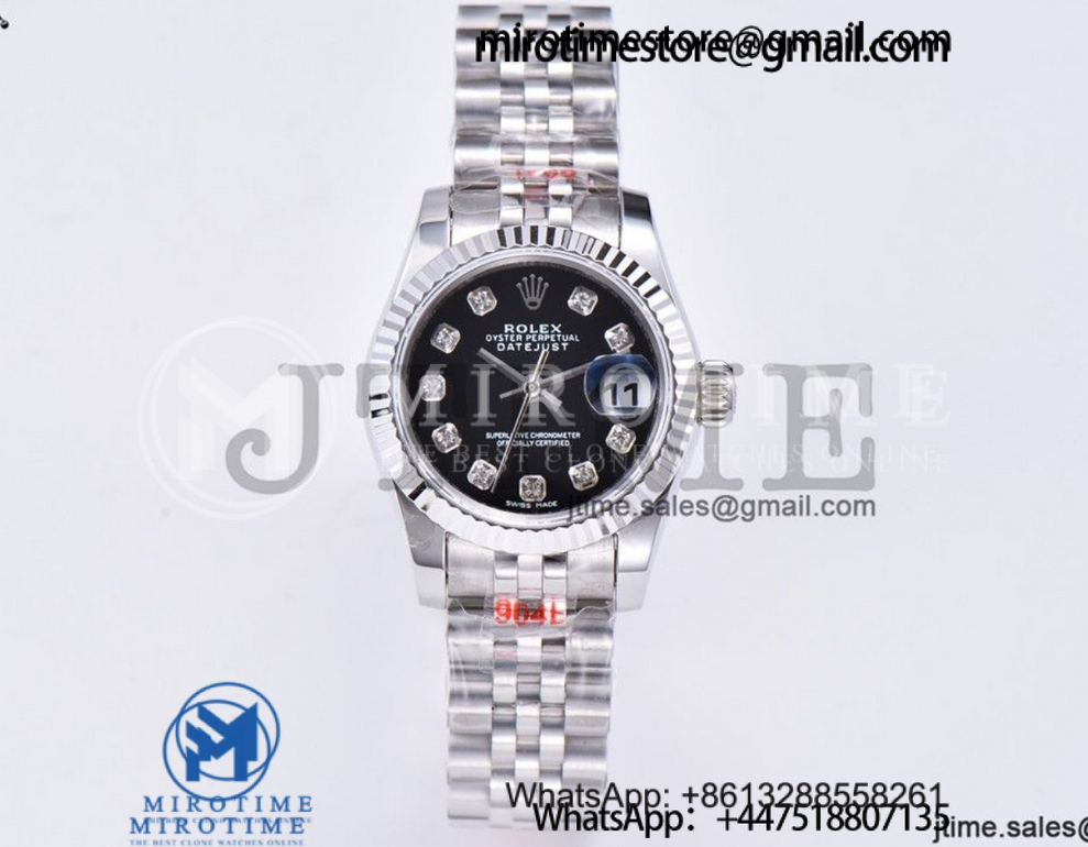 Ladies Datejust 26mm Fluted Bezel 904L Steel GMF Best Edition Black Dial Diamond Markers on Jubilee Bracelet A2671