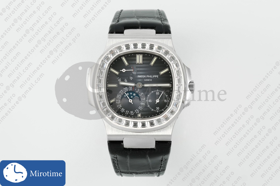 Nautilus 5712 Full Diamonds SS PPF 1:1 Best Edition Gray Dial on Black Leather Strap A240 Super Clone V3