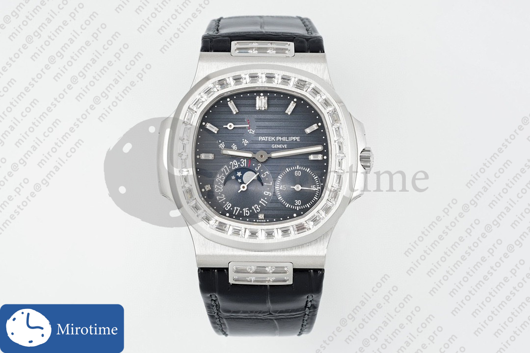 Nautilus 5712 Full Diamonds SS PPF 1:1 Best Edition Blue Dial on Black Leather Strap A240 Super Clone V3