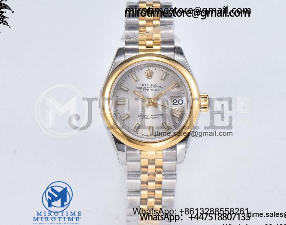 Datejust 28 Ladies SS WF Silver Stick Dial Polished Bezel on YG/SS Jubilee Bracelet A2671