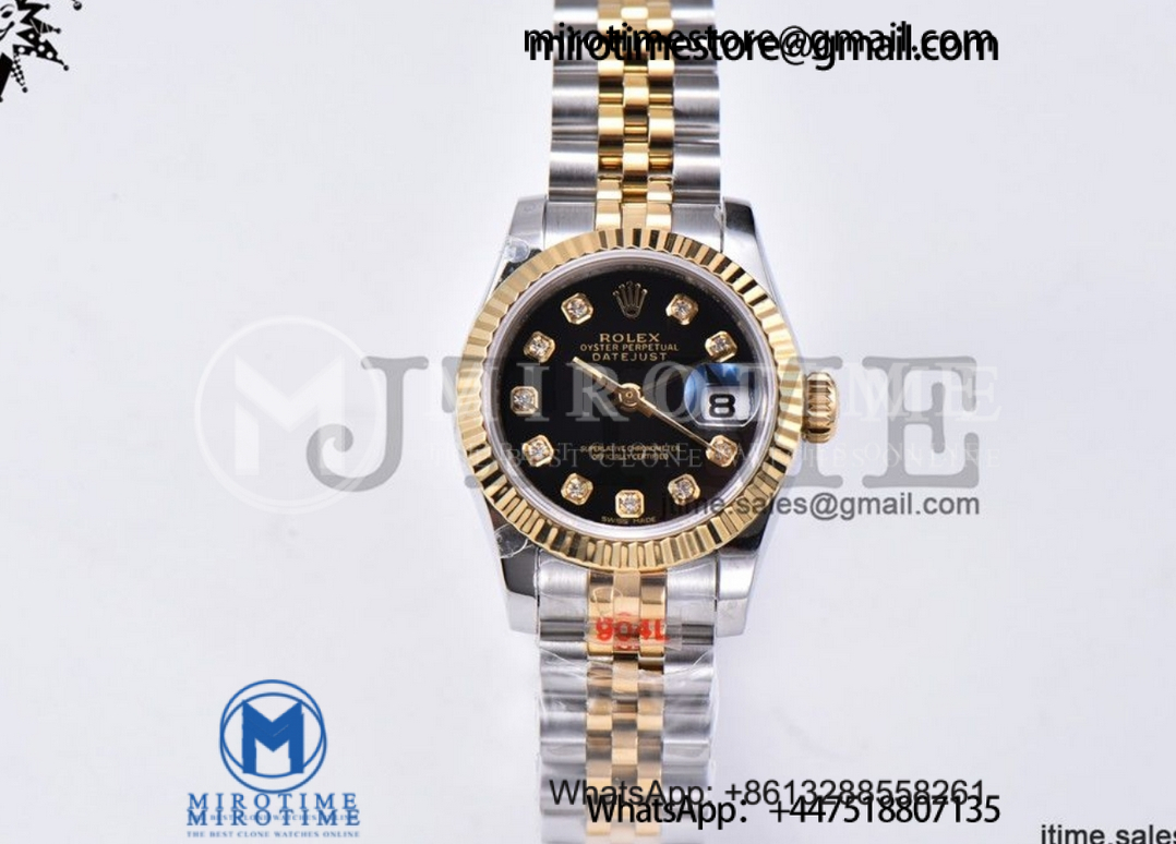 Ladies Datejust 26mm YG Plated 904L Steel GMF Best Edition Black Dial Diamond Markers on Jubilee Bracelet A2671