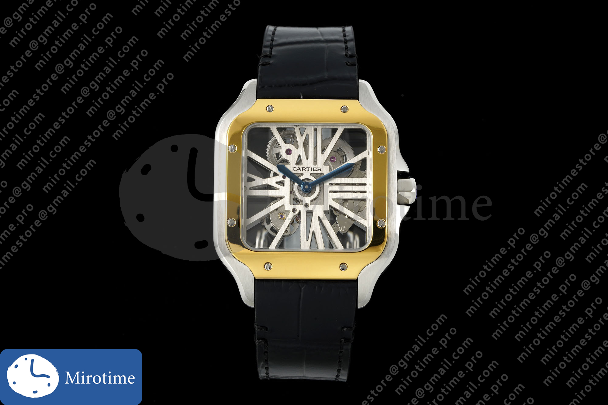 Santos Skeleton SS/YG RICH 1:1 Best Edition Skeleton Dial on Black Leather Strap 9611MC Super Clone V2