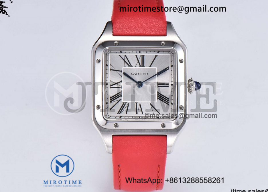 Santos Dumont 32mm SS AF 1:1 Best Edition Silver Dial on Light Red Leather Strap Ronda Quartz
