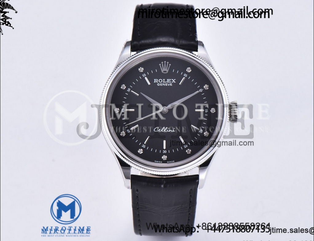 Cellini 50509 SS GMF 1:1 Best Edition Black Dial Diamonds Markers on Black Leather Strap SA3132