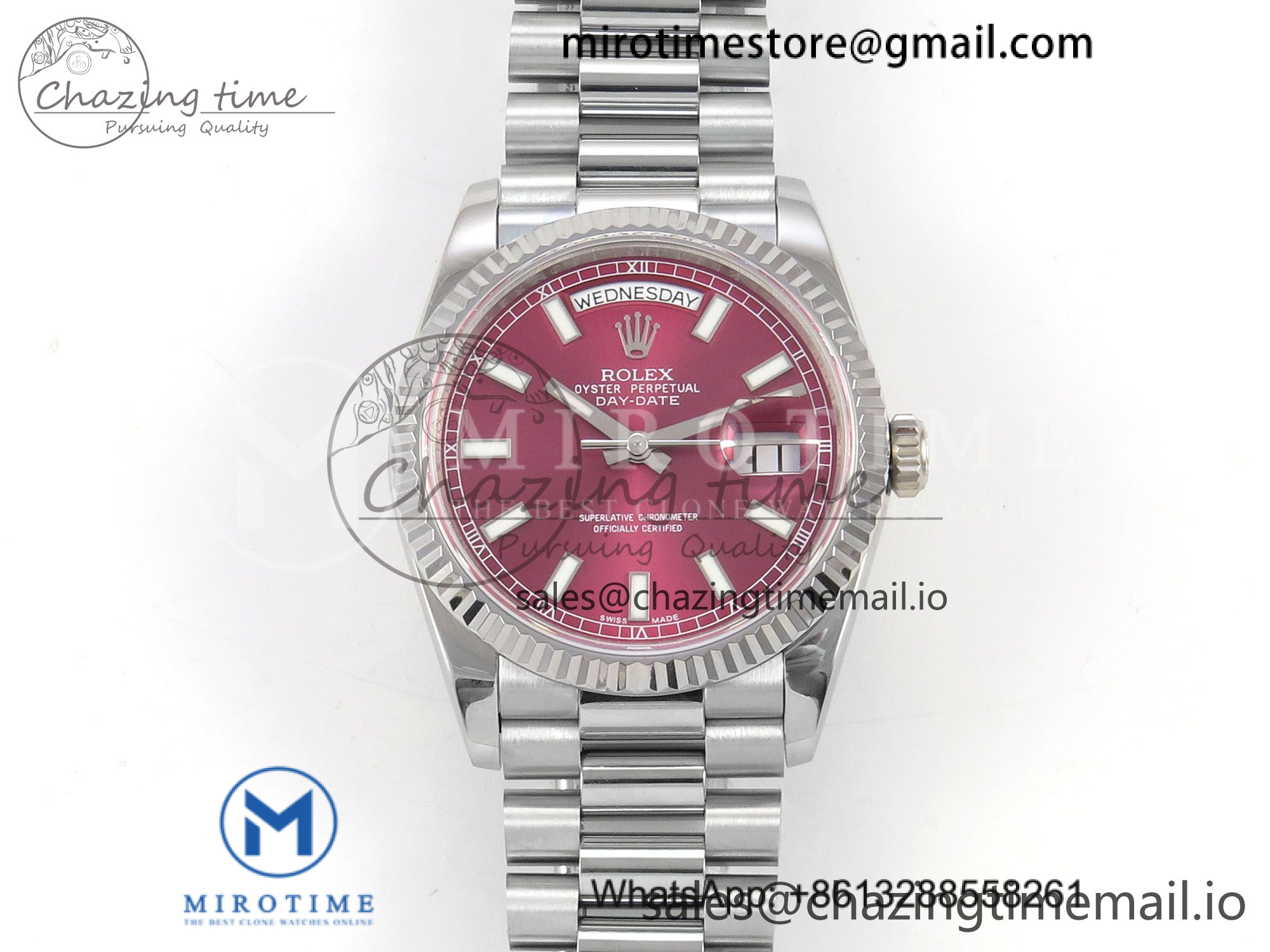 Day Date 36 SS QF 1:1 Best Edition 904L Steel Red Stick Dial on President Bracelet VR3255 V3