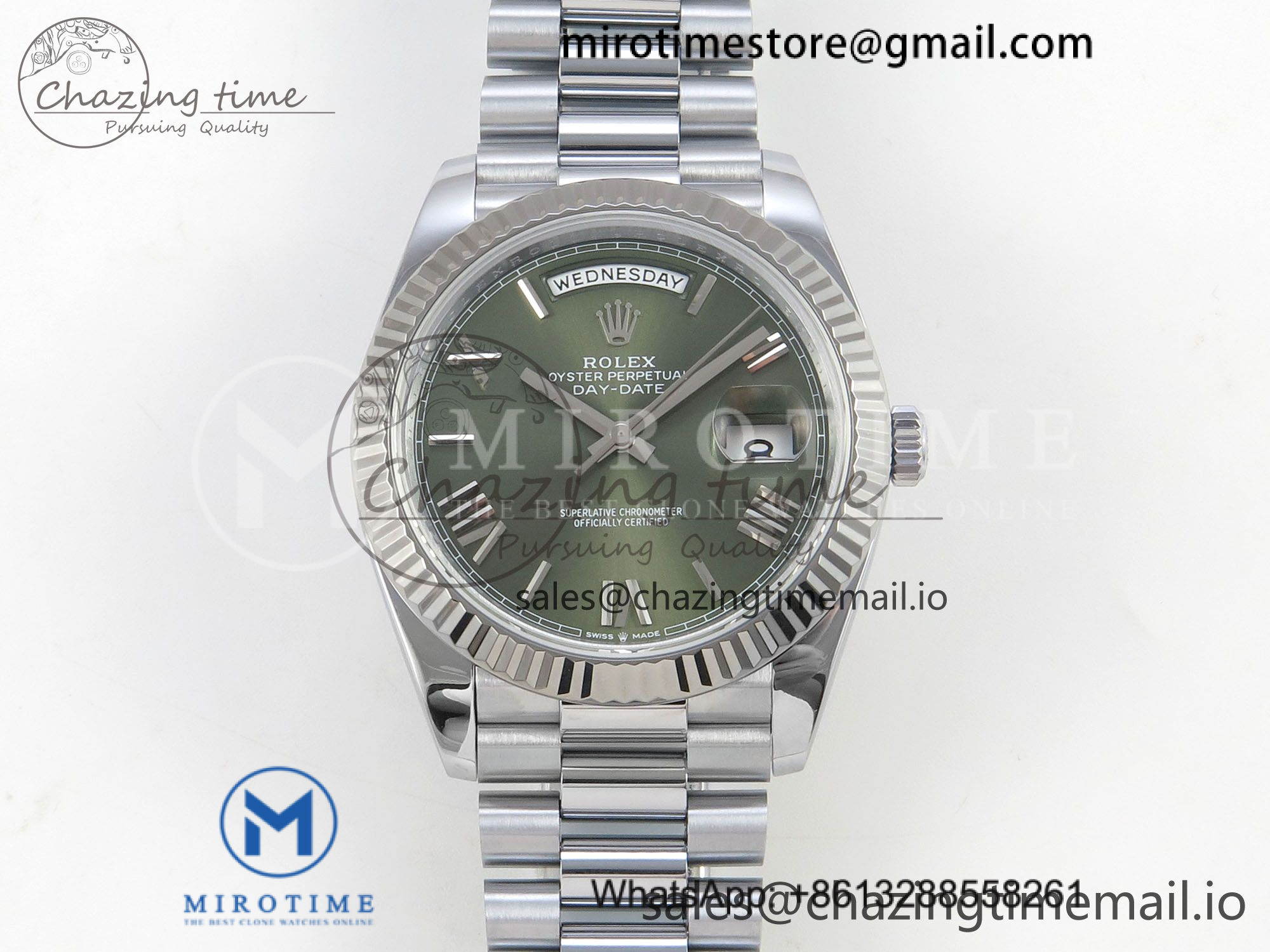 DayDate 40 SS QF 1:1 Best Edition 904L Steel Green Roman Dial on President Bracelet VR3255 V8 (Gain Weight)