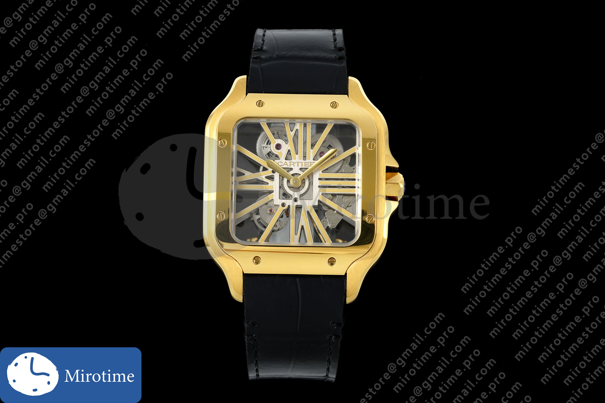 Santos Skeleton YG RICH 1:1 Best Edition Skeleton Dial on Black Leather Strap 9611MC Super Clone V2