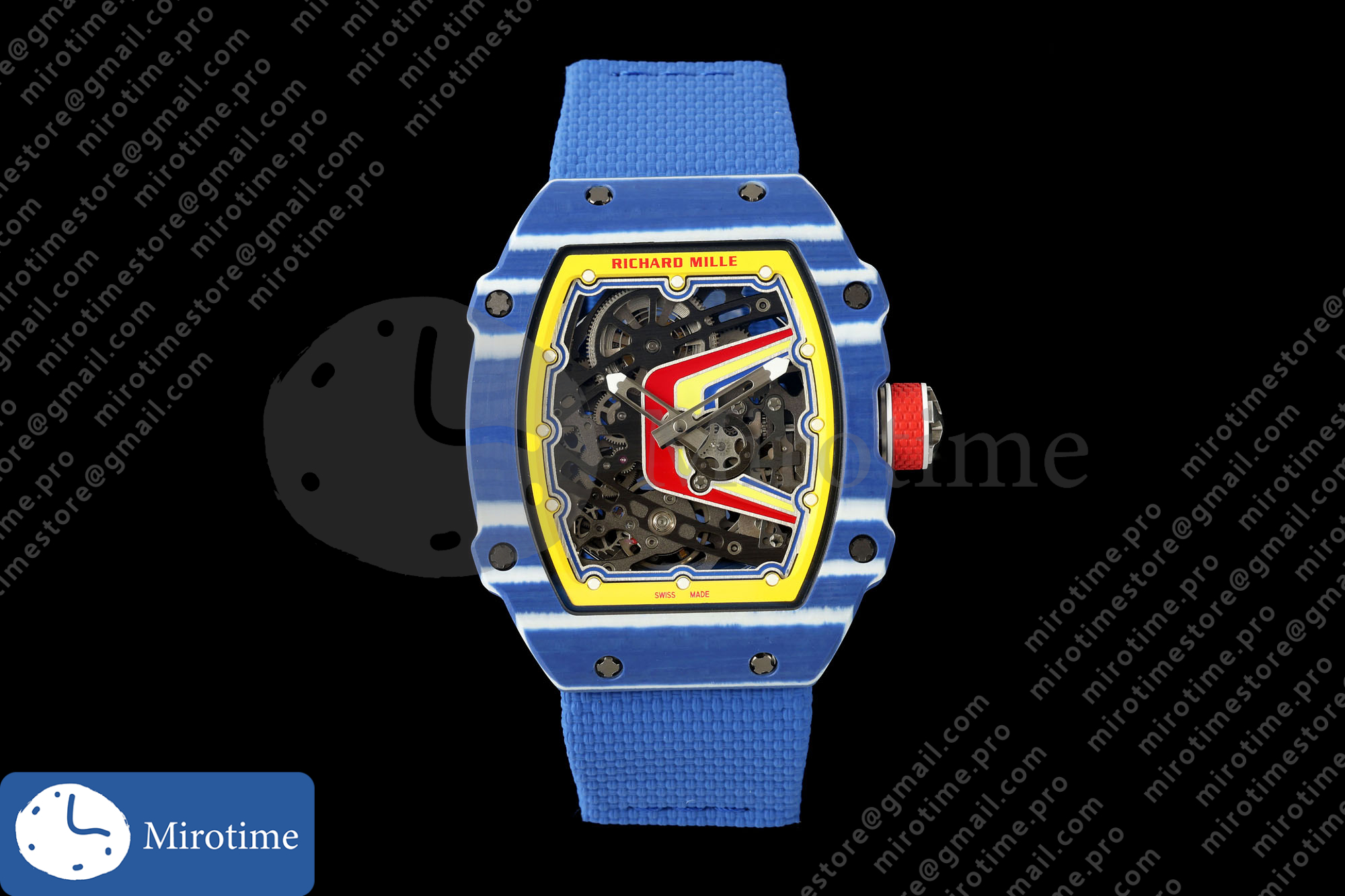 Umi Maker’s RM67-02 Blue NTPT Fernando Yellow/Red/Blue Skeleton Dial on Nylon strap CRMA7 Clone V2