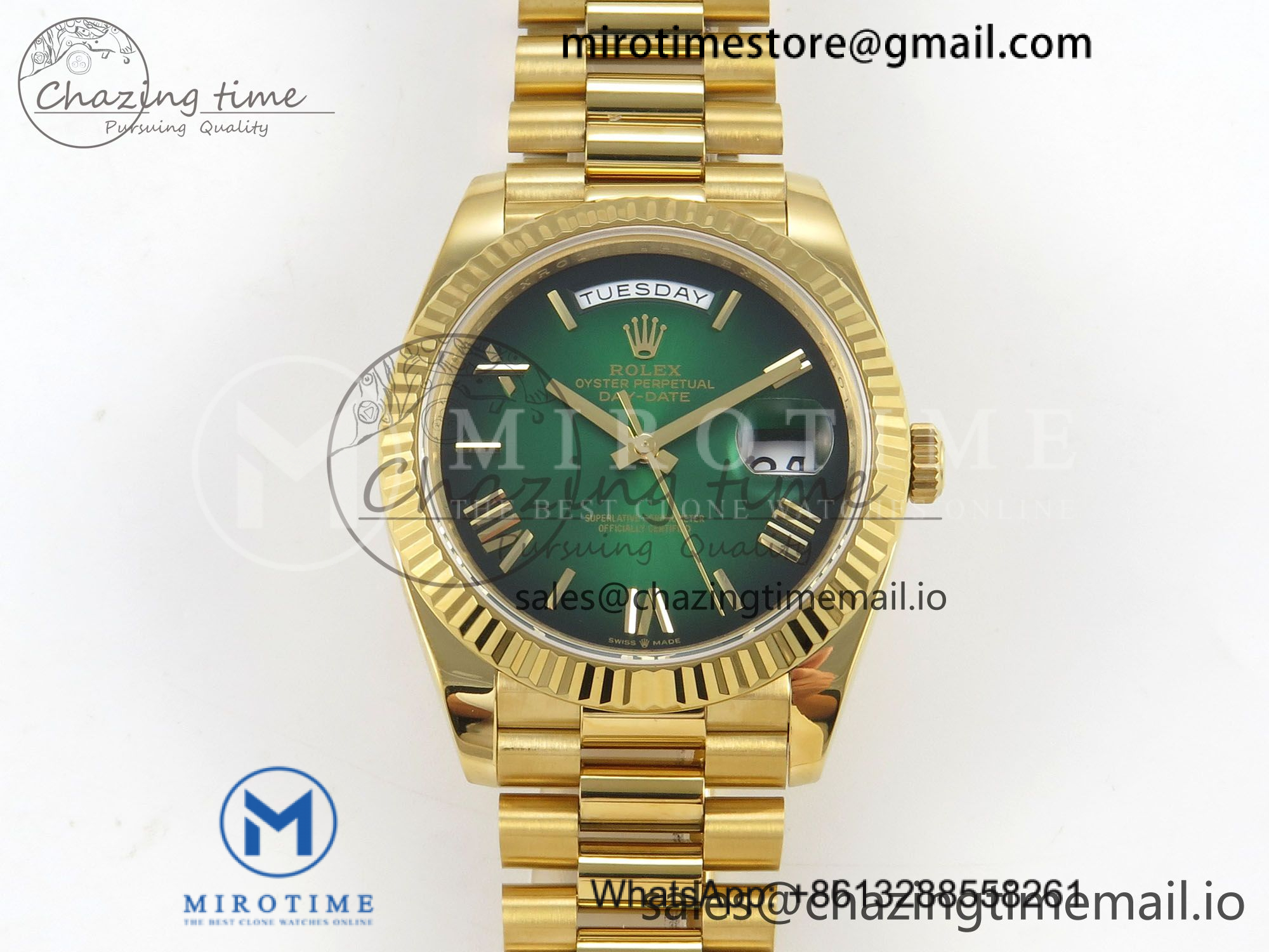 DayDate 40 YG QF 1:1 Best Edition 904L Steel Green Ombre Roman Dial on President Bracelet VR3255 V8 (Gain Weight)