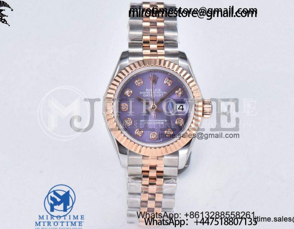 Datejust 28 Ladies SS WF Purple Dial Fluted Bezel on RG/SS Jubilee Bracelet A2671
