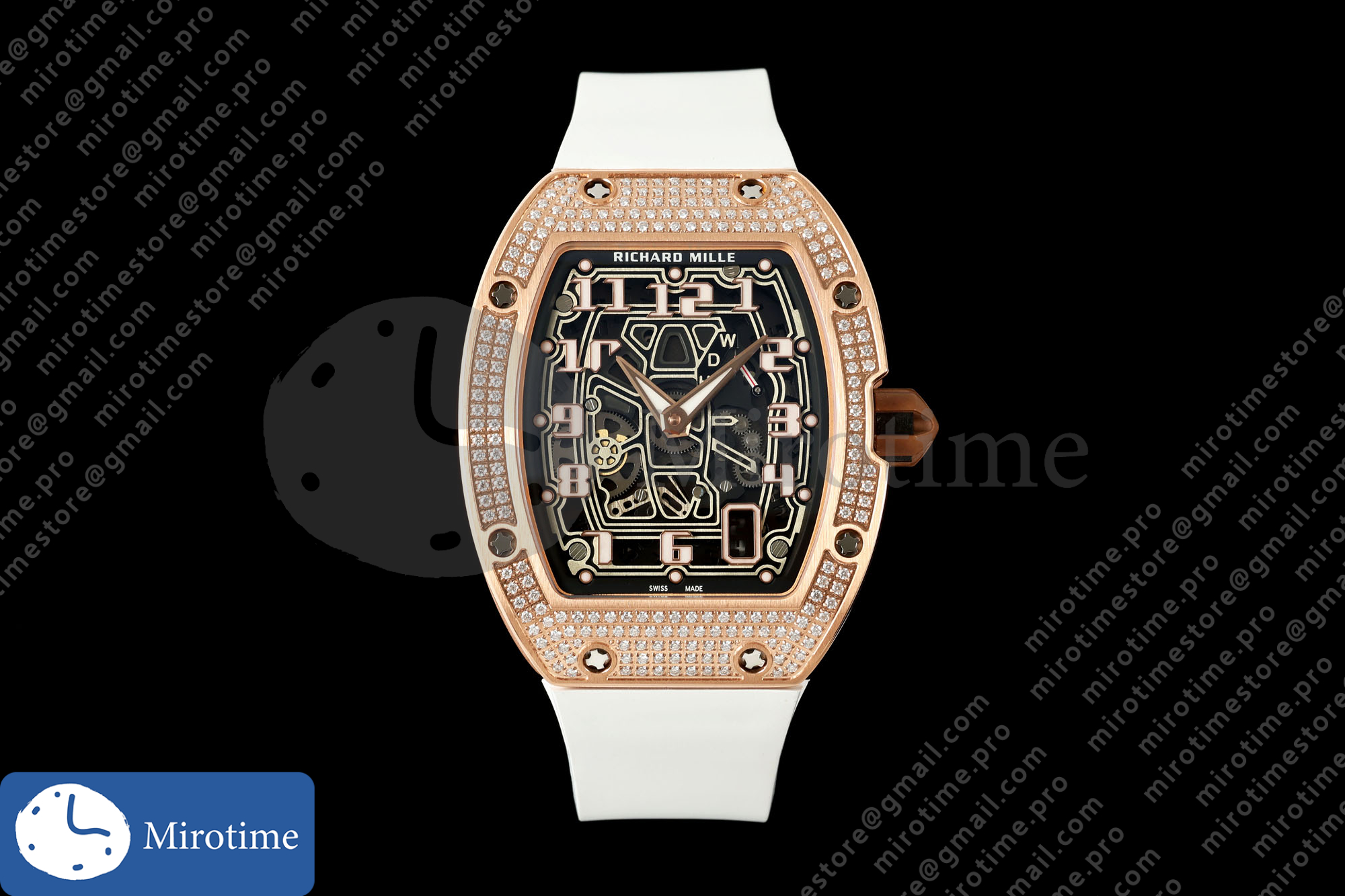AVF RM67-01 RG Skeleton Dial Diamonds Bezel on White Rubber Strap CRMA6 Clone