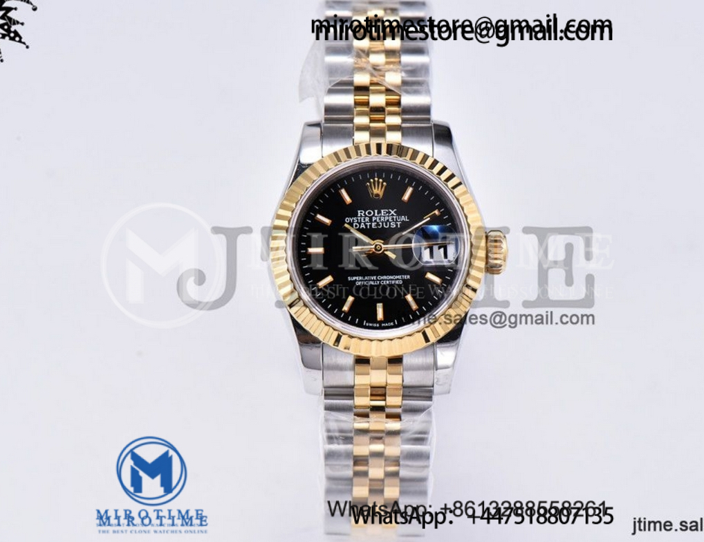 Ladies Datejust 26mm YG Plated 904L Steel GMF Best Edition Black Dial Stick Markers on Jubilee Bracelet A2671