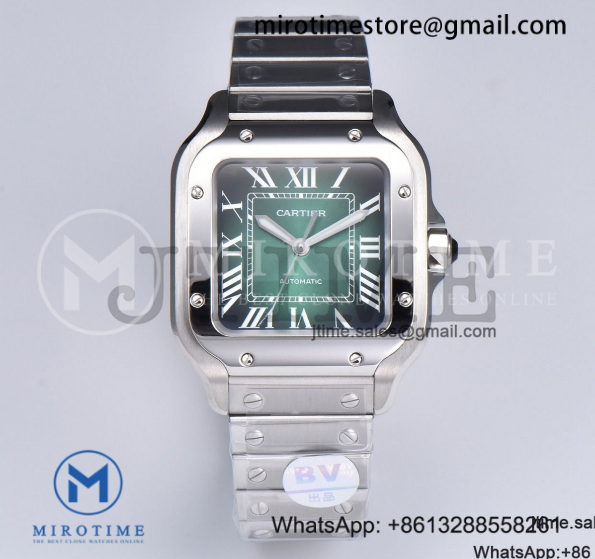 Santos De Cartier Mens 35mm SS BVF 1:1 Best Edition Green Dial on SS Bracelet MIYOTA 9019