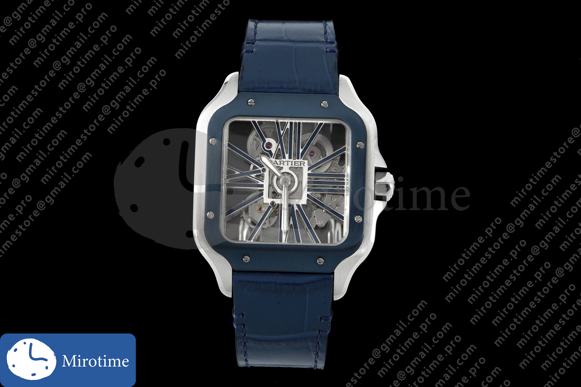 Santos Skeleton SS RICH 1:1 Best Edition Skeleton Dial Blue Bezel on Blue Leather Strap 9611MC Super Clone V2