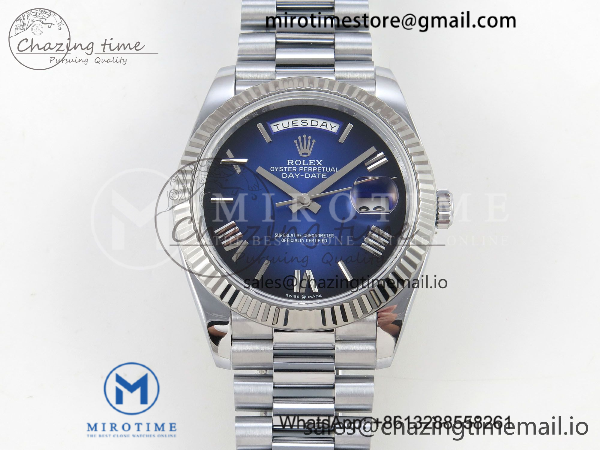DayDate 40 SS QF 1:1 Best Edition 904L Steel Blue Ombre Roman Dial on President Bracelet VR3255 V8 (Gain Weight)