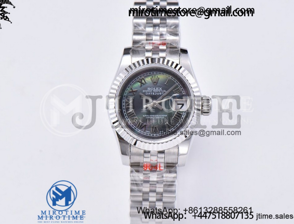 Ladies Datejust 26mm Fluted Bezel 904L Steel GMF Best Edition Gray MOP Dial Roman Markers on Jubilee Bracelet A2671