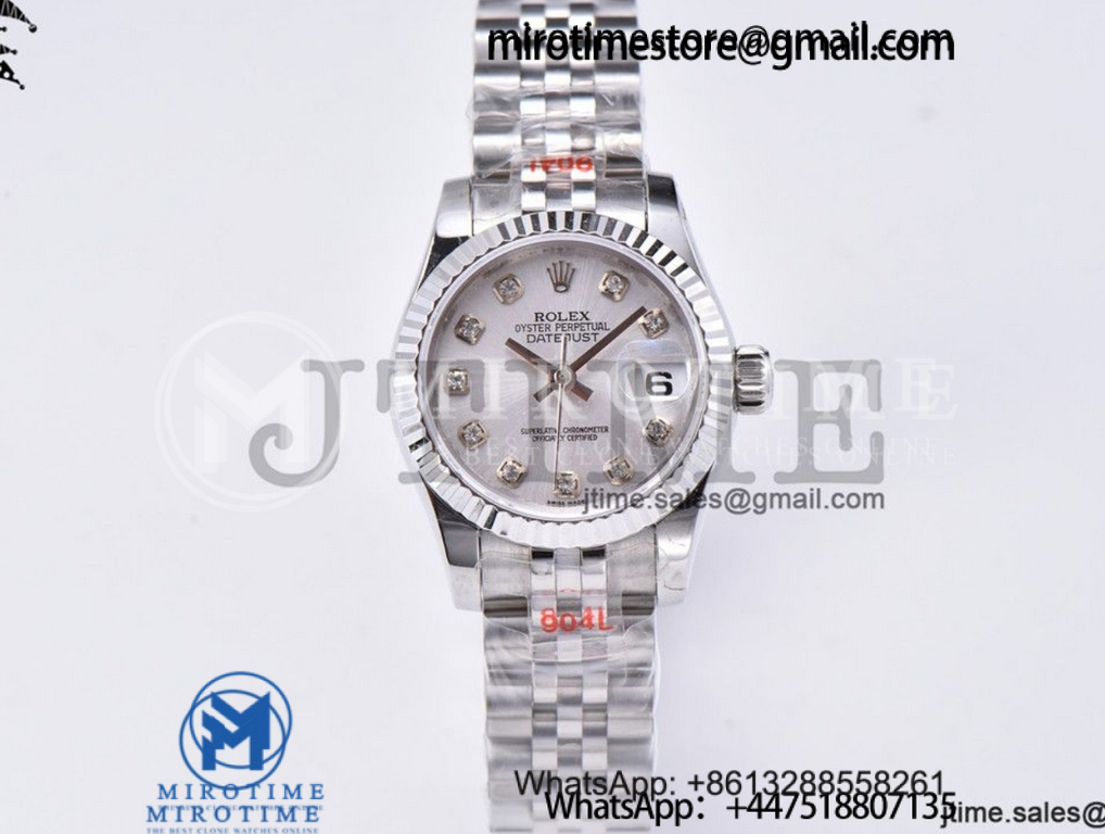 Ladies Datejust 26mm Fluted Bezel 904L Steel GMF Best Edition Silver Dial Diamond Markers on Jubilee Bracelet A2671