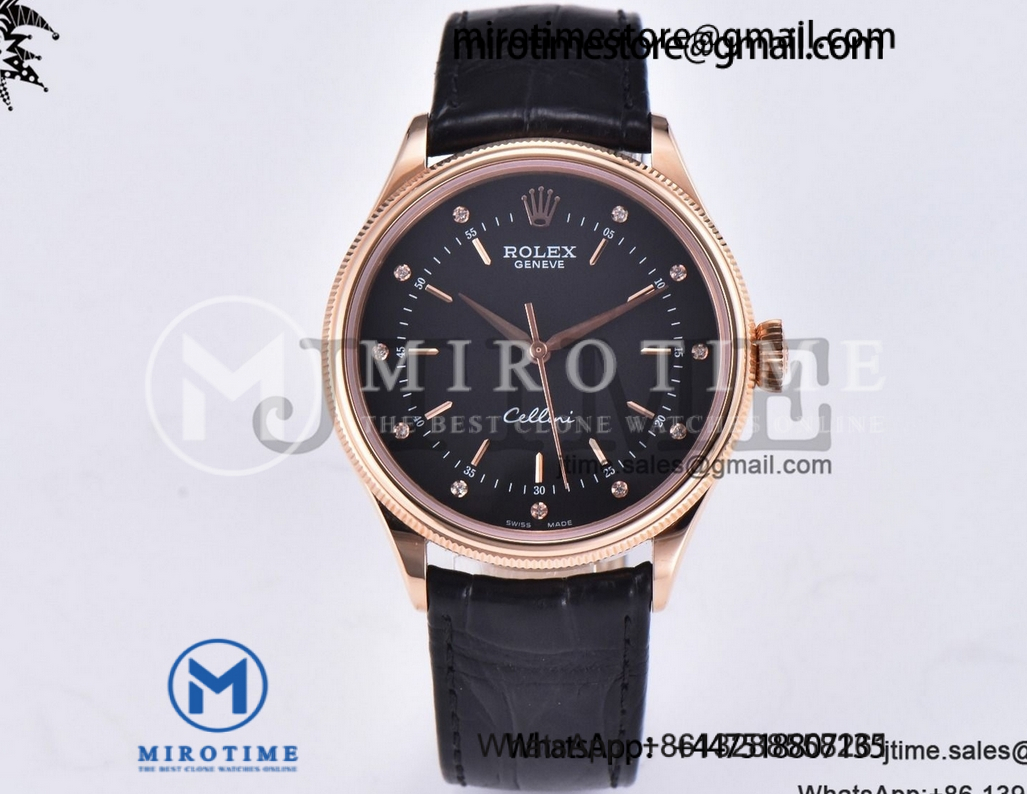 Cellini 50505 RG GMF 1:1 Best Edition Black Dial Diamonds Markers on Black Leather Strap SA3132