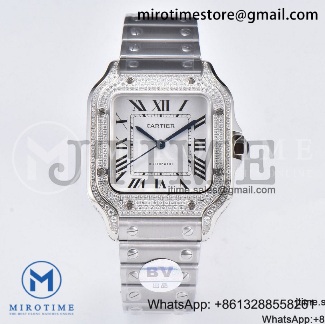 Santos de Cartier 35mm SS BVF 1:1 Best Edition Full Diamond Bezel White Dial on SS Bracelet MIYOTA 9015